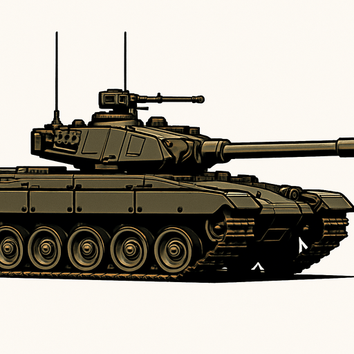 Savaş tankı, gerçekçi, yandan görünüm, yazısız.
In-Game asset.  High contrast.  No shadows