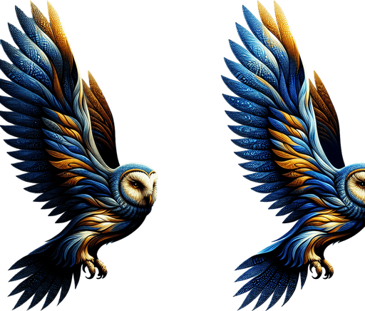 flying owl with blue gold color mix asset.
Single Game Texture.  In-Game asset.  2d.  Blank background.  High contrast.  No shadows