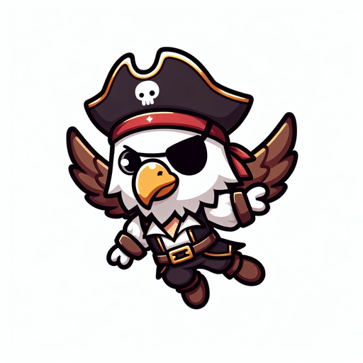 chibi cartoon eagle pirate fly.
Single Game Texture.  In-Game asset.  2d.  Blank background.  High contrast.  No shadows
