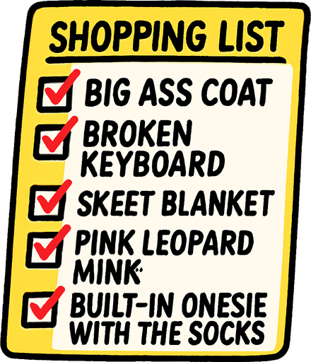 Shopping list that says Big ass coat, Broken keyboard, skeet blanket, pink leopard mink, built-in onesie with the socks.
In-Game asset.  2d.  High contrast.  No shadows