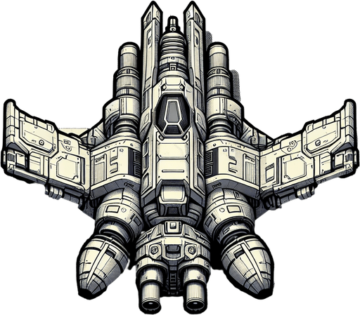 Top down view of Small personal space fighter with large gun at the front.
Single Game Texture. In-Game asset. 2d. Blank background. High contrast. No shadows.