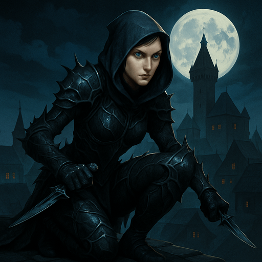 A fierce assassin in obsidian armor and a hooded cloak, crouched on a rooftop under the moonlight. Female, 33 years old, lean and deadly, short jet-black hair, piercing ice-blue eyes, pale porcelain skin. Her armor is adorned with thorn motifs. A poisoned dagger in each hand. Background shows a quiet castle town below. Realistic, highly detailed, stealthy night-time mood. reaalistic.
In-Game asset.  2d.  High contrast.  No shadows