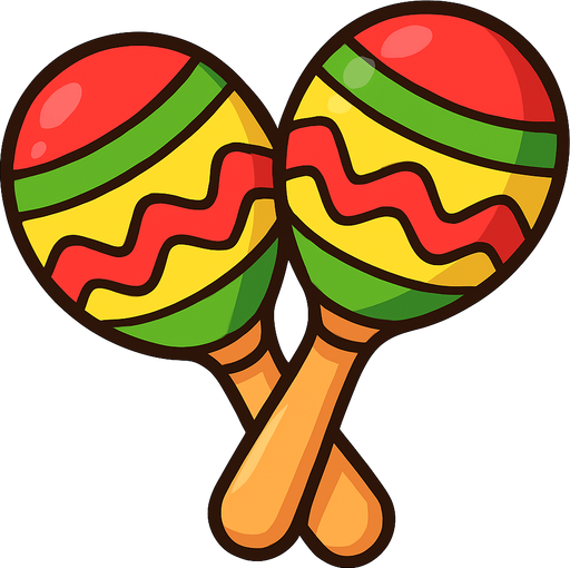 A colorful, cartoon-style 2D illustration of a pair of maracas. Each maraca should have a rounded top and a small wooden handle, decorated with bright patterns (like stripes or zigzags in red, yellow, green). The design should be playful and festive, matching the visual style of mobile games. Export as a transparent PNG, with bold outlines and soft shading, suitable for use as a music quiz game icon..rounded background with yellow or green

In-Game asset.  2d.  High contrast.  No shadows