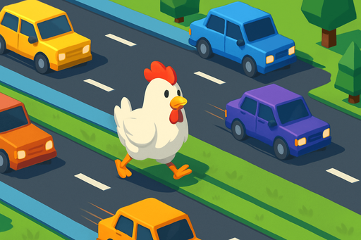 Fullscreen modern App Store landscape banner, 16:9, high definition, for a game titled "Chicken Cross - Road Rush" and with the description "Guide a chicken across busy roads filled with speeding cars. Time your movements carefully to avoid traffic and cross safely in this classic arcade-style challenge.". No text on banner!
