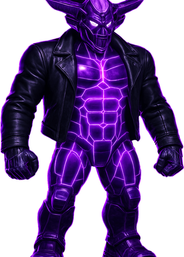 Black leather biker jacket longsleeves bare segmented neon cyberpunk pecs abs muscles robot monster hunk Neon cyberpunk 3d hologram corporate occult demon android mecha robot sentinel guard soldier machine monster fully in frame no part cut off no background anime futuristic Background removed, "Full-body character, entirely in frame, no cropping of face, head, or feet" "Complete character visible, from head to toe, fully centered in the image" "Entire character, including face and boots, fully within the frame" Character fully contained within a square frame, no edges cut off  horns through boots