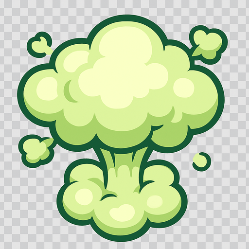Top-down view of a cartoon-style fart cloud shaped like a small nuclear explosion, soft puffy smoke, exaggerated mushroom shape, playful and funny, light greenish tint, stylized for a colorful top-down mobile game, clear outline, transparent background.
In-Game asset.  2d.  High contrast.  No shadows