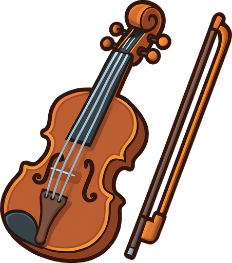 A colorful, cartoon-style 2D illustration of a classical violin with a bow beside it. The body should be rich brown with visible strings, pegs, and f-holes. Designed with soft shadows and rounded edges for use in a kids’ music game. Export as a transparent rounded background PNG..
In-Game asset.  2d.  High contrast.  No shadows