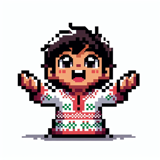 excited kid seen from the front, holding both of his hands extended upwards expecting to catch.looking upward. dressed for Christmas. Single Game Texture. In-Game asset. 2d. Blank background. High contrast. No shadows. pixelated. 8 bit