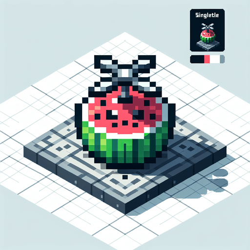 8-bit pixelated isometric cute watermelon with a rotor above.
Single Game Texture. In-Game asset. 2d. Blank background. High contrast. No shadows.