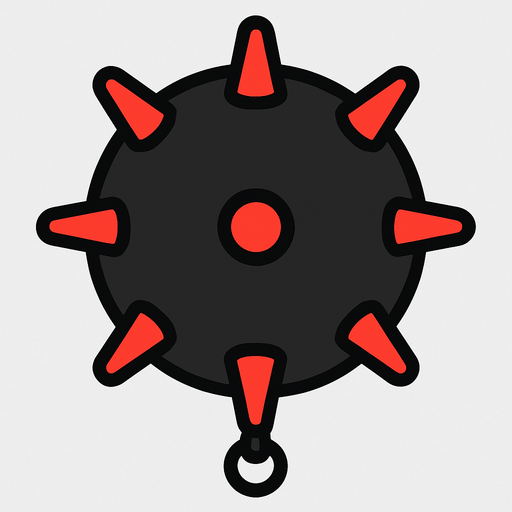 2D game asset, vector style, high contrast, flat colors, no shadows, a classic black spherical sea mine with small red spikes (contact horns), suitable for a top-down game, transparent background, PNG format..
In-Game asset.  2d.  High contrast.  No shadows