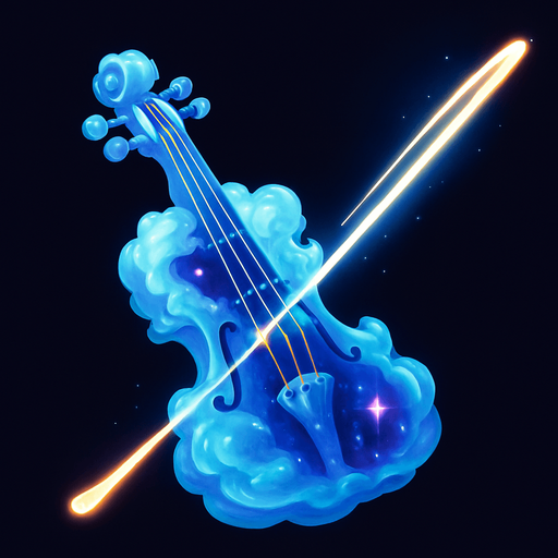 Un violín que parece estar esculpido en nubes etéreas o cristal de éter, con un brillo suave. El arco es un haz de luz pura que deja un rastro luminoso al moverse. Las cuerdas son finos hilos de energía que brillan con diferentes colores, y el cuerpo del violín podría tener constelaciones o nebulosas incrustadas..
In-Game asset.  2d.  High contrast.  No shadows