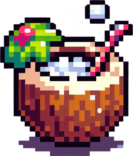 cartoon/8-bit. coconut drink. in a coconut..
Single Game Texture. In-Game asset. 2d. Blank background. High contrast. No shadows.