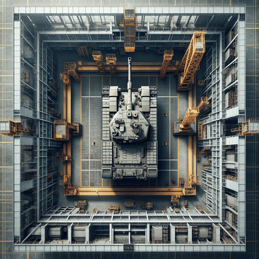 Simple heavy army tank factory buiding a tank with a crane. Square fence...
Zenith view Directly overhead. Plumb view.