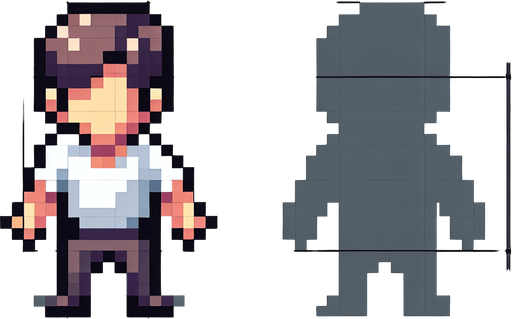 A human, top-down view.
Single Game Texture.  In-Game asset.  2d.  Blank background.  High contrast.  No shadows. Simple pixel art