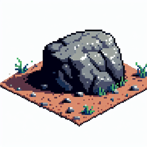 Pixel art boulder with dirt and blades of grass around the bottom. No ground or background.
Single Game Texture. In-Game asset. 2d. Blank background. High contrast. No shadows.