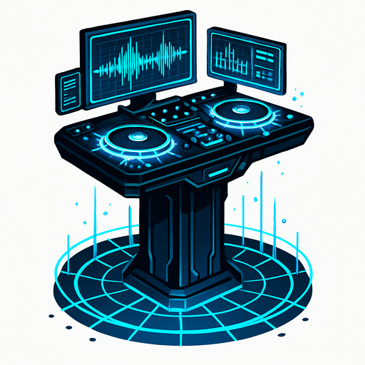 Una torre que es una mesa de DJ futurista y auto-programable, flotando sobre el suelo. Tendría múltiples pantallas holográficas que muestran complejos patrones de ondas sonoras y datos. Los platos serían discos de energía giratorios que emiten luz y chispas, y la torre en sí podría estar rodeada por un campo de fuerza o una rejilla de luz..
In-Game asset.  2d.  High contrast.  No shadows
