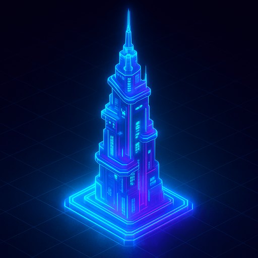 Top down isometric neon cyberpunk anime tower spire 3d hologram glowing  3d hologram hd large