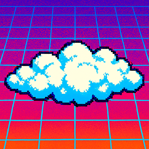 A  long fluffy white cloud seen from overhead. 80s arcade machine graphics.
In-Game asset.  2d.  High contrast.  No shadows