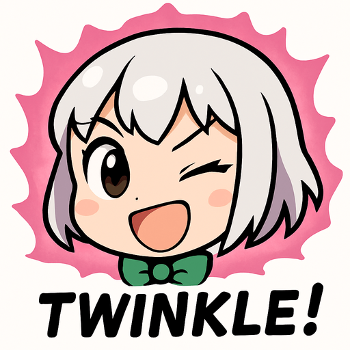 Haz una animación en la que solo se vea su cara recortada, un aura de energía rosada rodeándola, y que aparezca como una viñeta que demuestre que está a punto de hacer su acción definitiva. Que escriba la palabra TWINKLE! abajo a la derecha. La imagen debe tener un fondo color blanco