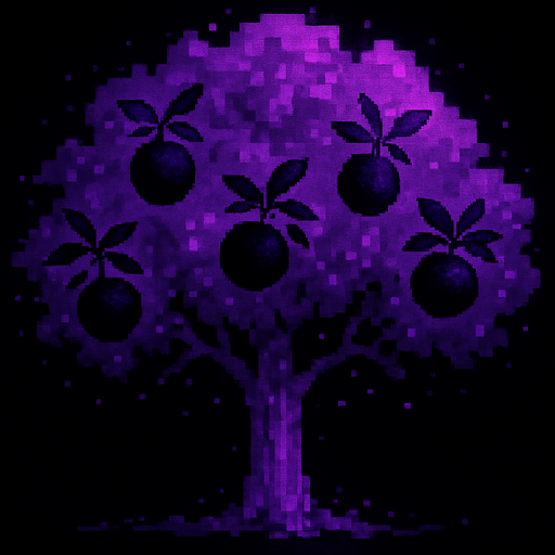 fruits are black with purple leaves and particles around them