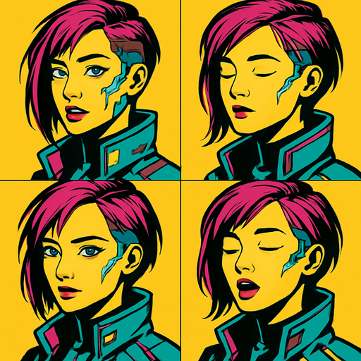 Cyberpunk girl looking to the camera by side, the half upper part of it only not all body, different frames opened eyes opened mouth, closed eyes closed mouth, opened eyes closed mouth, closed eyes opened mouth, each frame in one image.
In-Game asset.  2d.  High contrast.  No shadows