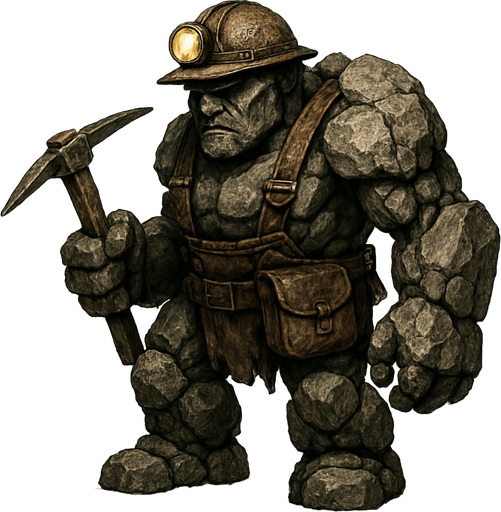 un golem de piedra que parezca un minero y que se vea ultra realista.
In-Game asset.  2d.  High contrast.  No shadows