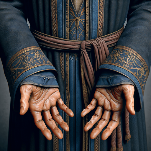 hands of wizard in idle position from first person perspective.
Single Game Texture.  In-Game asset.  2d.  Blank background.  High contrast.  No shadows