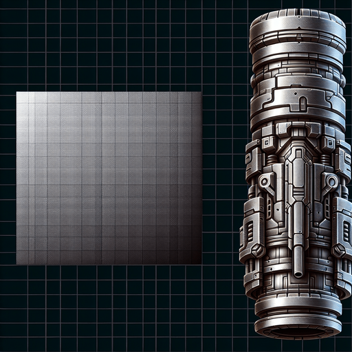 vertical scifi metal canon tube.
Single Game Texture.  In-Game asset.  2d.  Blank background.  High contrast.  No shadows