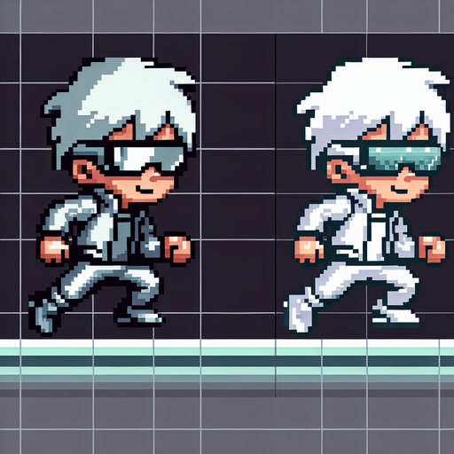 Horizontal Endless Runner Cyberpunk Kid dressed in silver with white hair and shades, running sprite sheet of 2 frames, retro super nintendo graphics..
Single Game Texture. In-Game asset. 2d. Blank background. High contrast. No shadows.