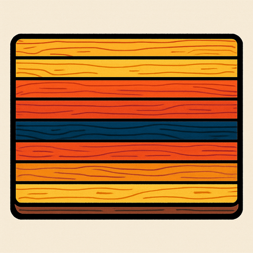 A long rectangular wooden cutting board counter with different colored laminated wooden strips. Top down view. 80s arcade machine graphics..
In-Game asset.  2d.  High contrast.  No shadows