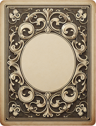 The face of a card. The card center is blank, with a antique cream background. The card is framed with an ornate design..
Single Game Texture. In-Game asset. 2d. Blank background. High contrast. No shadows.