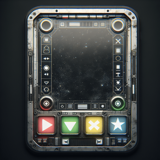 Design a clean and minimalistic landscape-oriented mobile phone interface inspired by Star Wars, adhering to user-friendly web design principles. The frame has a sleek, weathered industrial aesthetic with rounded edges and a muted metallic finish. The screen is completely empty, providing a clean and open space.

At the bottom of the HUD, align four large buttons in a simple, straight row. Each button features a unique, bold shape: a triangle, a square, an X, and a star. The buttons are evenly spaced, brightly colored (e.g., red, green, blue, yellow), and have a subtle glow with smooth, tactile designs to make them visually distinct and user-friendly.

The background incorporates faint industrial details, such as subtle panel lines or rivets, to reinforce the Star Wars aesthetic without overwhelming the design. The interface balances functionality and thematic style while maintaining a minimalist and intuitive layout focused on the aligned button array..
Single Game Texture. In-Game asset. 2d. Blank background. High contrast. No shadows.