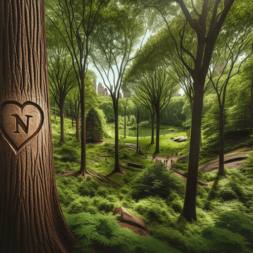 Photorealistic landscape in the New York central park. 
Show the forest and on the trunk of the very first tree, a heart should be carved into it and the letter N in the heart.
