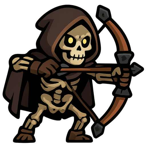 Skeleton with a reinforced bow and a hood.
In-Game asset.  2d.  High contrast.  No shadows
