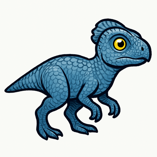 A small Microceratus dinosaur with smooth blue-gray scaly skin. It has a compact body, delicate limbs, and a short tail. The head has a small frill and bright curious eyes. The skin texture is detailed with fine scales, emphasizing its agility and small size..
In-Game asset.  2d.  High contrast.  No shadows