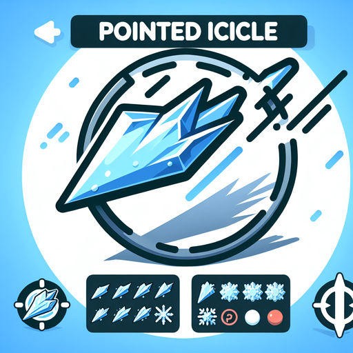 Icon for a very speedy icicle, on a circle, with the text „pointed Icicle“ at top, cartoon Single Game Texture. In-Game asset. 2d. Blank background. High contrast. No shadows.