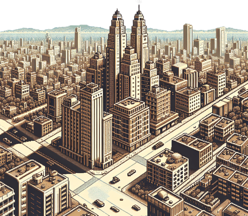 Retro cityscape, pixel art  1930s, sky view, aerial view
Single Game Texture. In-Game asset. 2d. Blank background. High contrast. No shadows.