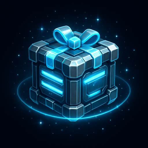 A 2D sci-fi gift box or power-up crate floating in space, with a glowing metallic surface, futuristic design, bright neon blue and silver accents, and a soft pulsing light effect. The box should look valuable and mysterious, slightly levitating with subtle sparkles or energy rings around it. Designed for a top-down space shooter game. Transparent background, digital art, ideal for sprite use..
In-Game asset.  2d.  High contrast.  No shadows