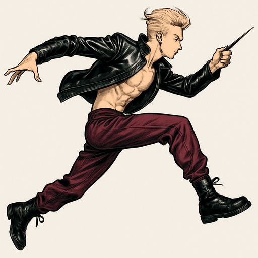 Swishy graceful man Cyberpunk manga, wand pointed straight ahead, arm extended, jump attack, side profile view attack animation, shiny black leather biker jacket longsleeves shirtless Skinny abs blonde pompadour guy, action shot wine red joggers combat boots, Background removed, "Full-body character, entirely in frame, no cropping of face, head, or feet" "Complete character visible, from head to toe, fully centered in the image" "Entire character, including face and boots, fully within the frame" Character fully contained within a square frame, no edges cut off fashion model running pose