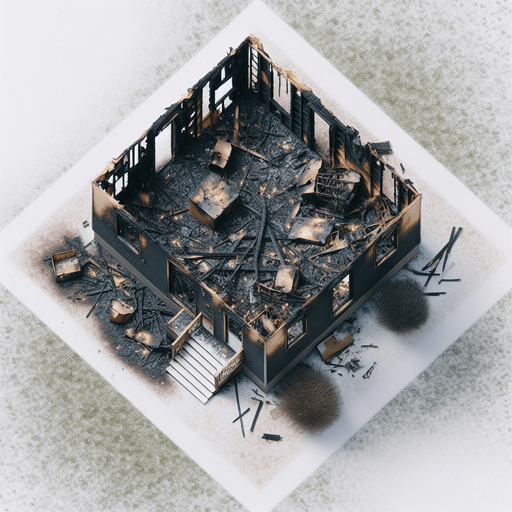overhead view of charred remains of a completely burned down box house snowy lawn video game asset 2d blank background Single Game Texture. In-Game asset. 2d. Blank background. High contrast. No shadows.