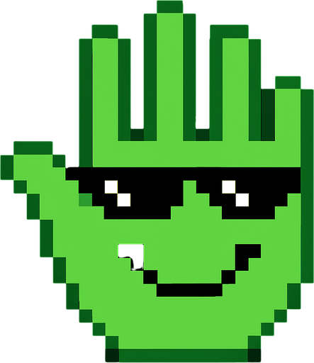 make an 2d green pixel hand palm with sun glasses and smile.
In-Game asset.  2d.  High contrast.  No shadows