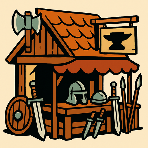 Eski çağ savaş malzemesi dükkanı.
In-Game asset.  2d.  High contrast.  No shadows