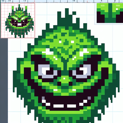 grinch. green monster. pixelart. only face. Single Game Texture. In-Game asset. 2d. Blank background. High contrast. No shadows.