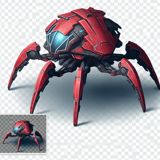 Uma nave vermelha com patas de aranha de ferro intergalactico fundo png.
Single Game Texture. In-Game asset. 2d. Blank background. High contrast. No shadows.
