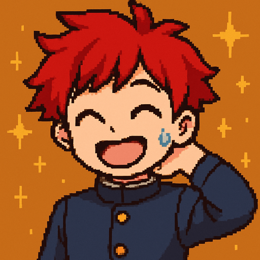 A kawaii anime boy scratches the back of his neck while laughing with his eyes closed, as a bead of sweat runs down his cheek