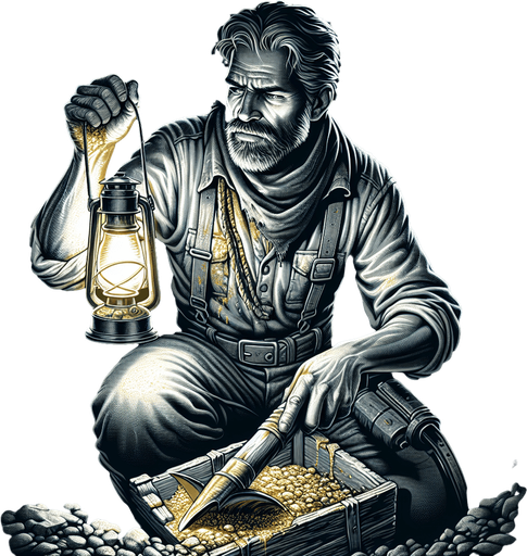 A gold miner.
Single Game Texture. In-Game asset. 2d. Blank background. High contrast. No shadows.