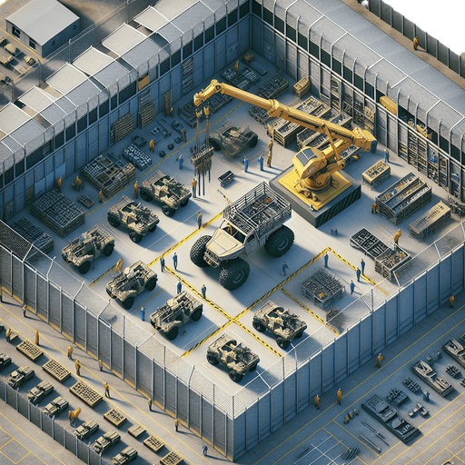 Simple light army vehicule factory buiding a quad with a crane. Square fence..
Zenith view Directly overhead. Plumb view.