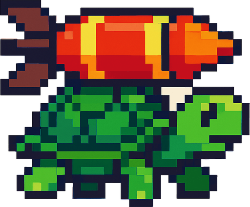 a turtle having a misile on her shell, pixelart.
In-Game asset.  2d.  High contrast.  No shadows