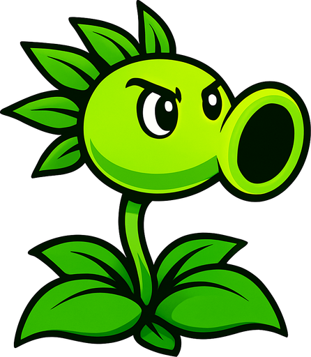 Una planta de color verde brillante, con un cuerpo principal esférico que se estrecha hacia adelante para formar una boca grande y redonda. De la parte posterior de su cabeza, brotan varias hojas puntiagudas. Tiene dos ojos grandes y redondos, con pupilas negras, y su expresión es decidida. Su tallo es delgado y verde, anclado en un grupo de hojas más grandes en la base..
In-Game asset.  High contrast.  No shadows