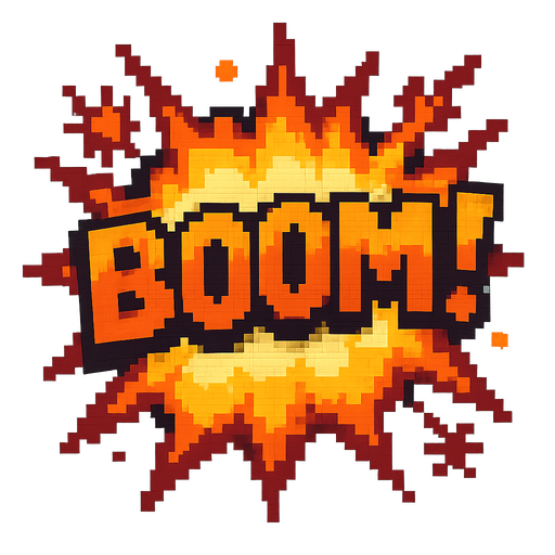 A Boom! explosion, pixel retro style.
In-Game asset.  2d.  High contrast.  No shadows